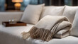© Saktanong - Cozy beige throw blanket with fringe draped over a comfortable sofa with pillows