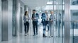 © pkproject - Professionals in a modern office hallway discuss data and technology with digital overlays