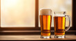 © LensCraft Haven - Two glasses of beer on a wooden table by a window with natural light