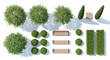 © Creative Pixel - Top view park landscape elements set with green trees wooden benches and garden hedges for plan