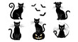 © Din - Seven black cats isolated on transparent background for halloween decorations and designs