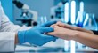 © ArtFocus Studio - A doctor wearing blue nitrile gloves holds a patient's hand in a modern medical laboratory, offering comfort, empathy, and professional support during a clinical consultation.