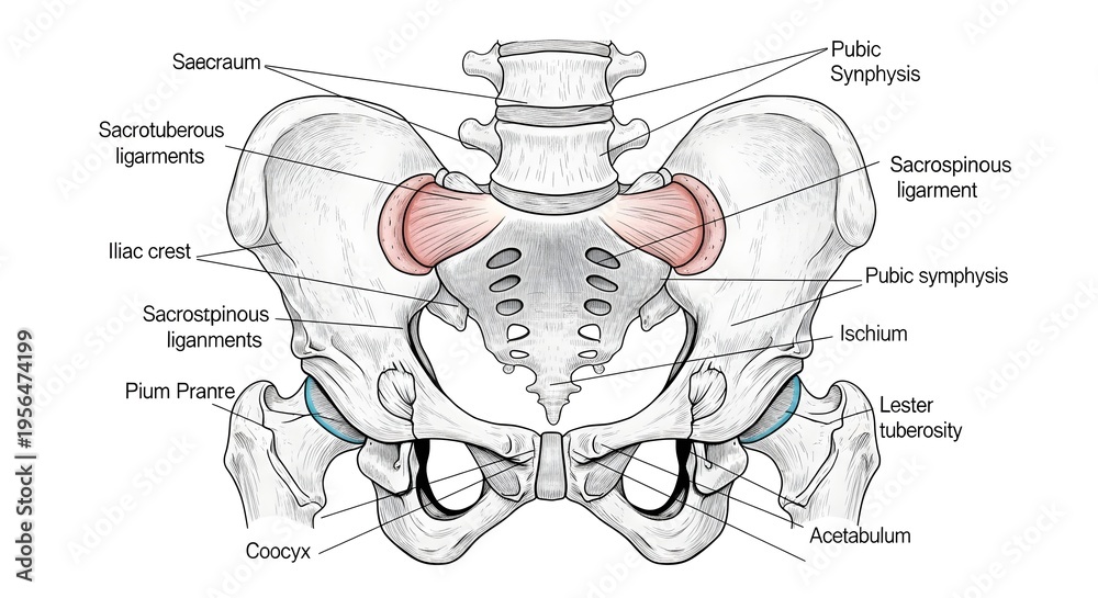 High detailed anatomical drawing of pelvis and sacroiliac region ...