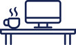 © ArtStock XYZ - Outline vector icon of computer desk with monitor and hot coffee cup