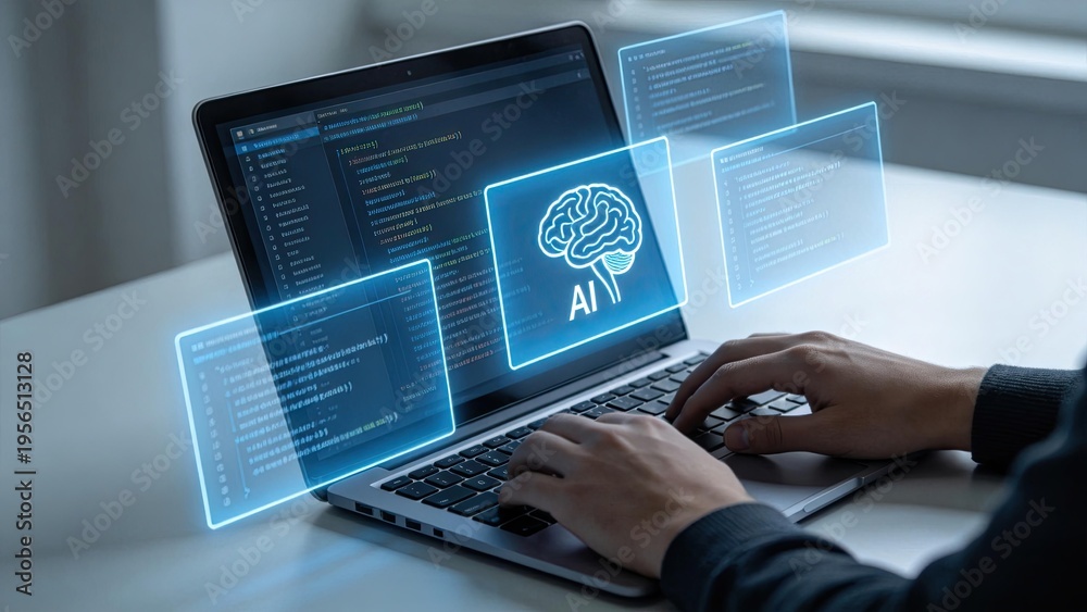 Developer coding on laptop with artificial intelligence brain hologram ...