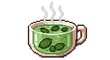 © Hungarian - Steaming cup of herbal infusion displays deep green liquid with floating leaves