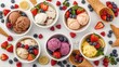 © LimeSky - Vibrant ice cream in bowls, accompanied by waffle cones and berries, set against a white backdrop. Assorted flavors with fresh berries, overhead view with empty space.