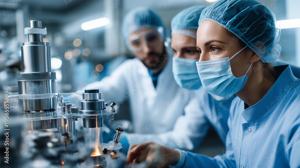 Lab Tech Face Less Three faceless scientists in full protective gear examining intricate ...