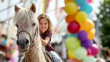 Smiling girl riding pony with colorful balloons in background