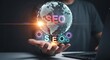 © Alper AI - Digital marketing expert holding a glowing globe with SEO and gears symbolizing strategy