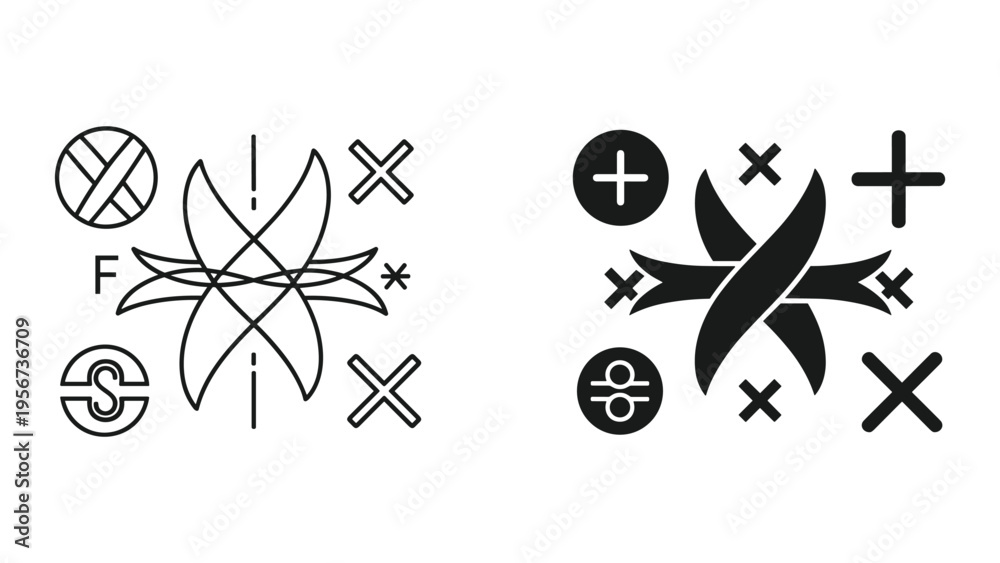 Abstract Symbols and Icons: Line Art and Solid Fill Variations, Math ...