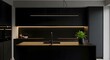 © Wulan - Modern kitchen with black cabinets and island has a plant on countertop near sink.