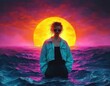 © Ulyana - Solitary figure standing waist-deep in neon ocean at sunset with oversized glowing sun, dramatic waves and vivid pink and teal sky, moody contemplative atmosphere