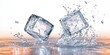 © zhuan - Two clear ice cubes splashing into water with flying droplets and reflective surface, evoking a refreshing cool and invigorating feeling