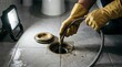 © Vasilii - The process of cleaning a sewer blockage in the bathroom floor with a plumbing cable