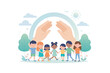 © Kurniawan - Children's safety and care illustrated with gentle hands protecting them under a rainbow and sun