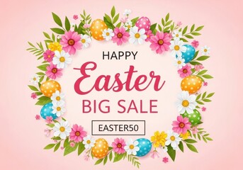  Happy easter big sale promotional background featuring colorful eggs and spring floral wreath frame
