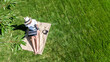 © Iuliia Sokolovska - Woman with laptop and headphones relaxing and working in a park, digital nomad girl working outdoors on summer, student studying in park, aerial drone view