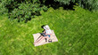 © Iuliia Sokolovska - Woman with laptop and headphones relaxing and working in a park, digital nomad girl working outdoors on summer, student studying in park, aerial drone view