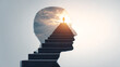 © Anton Popov - Mental health concept with human head silhouette and stairs leading to light, symbolizing personal growth, self development, recovery, motivation, inner journey, hope and psychological progress