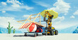 © Westend61 - 3d robot transporting holiday gear with sun umbrella in desert landscape