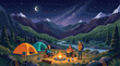 © Bogdan - Friends enjoy a tranquil evening camping in the mountains under a starry sky with a crescent moon, sharing music and roasting marshmallows by a glowing campfire.
