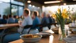 © forenna - Community hall filled with folding chairs arranged in semicircle, members sharing vegetable soup from ceramic bowls, spring flowers in mason jars on tables, natural light from tall windows, perfect