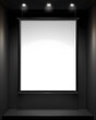 © Olha Ishchenko - Blank vertical display screen in dark modern exhibition space with spotlights illuminating empty white advertisement poster and presentation platform