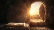 © AlfaSmart - Empty tomb of Jesus Christ with burial shroud on stone slab. Resurrection of messiah at sunrise with three crosses on hill. Holy religion concept of Easter Sunday faith victory.