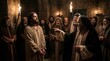 © AlfaSmart - Jesus Christ standing before High Priest Caiaphas. Religious scene depicting biblical trial. Ancient historical drama, faith and christianity concept, historical cinematic reenactment.