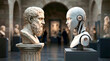 © Florence - A marble statue of an ancient Greek philosopher faces an AI robot statue in a museum gallery. Surrounded by other sculptures, this scene creates a powerful contrast between past traditions and future