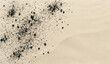 © EUNBIN - Minimalist natural sand texture with dark charcoal-black volcanic ash scattered, top view macro, high resolution, clear copy space for clean beauty branding.