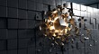 © Fiza - A dynamic representation of a dark wall of cubes shattering outwards from a luminous central point, symbolizing breakthrough and disruption.