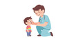© NanzZ - A doctor in blue scrubs smiling and examining a young boy with a stethoscope on a white background with a global health awareness theme