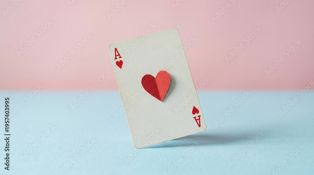 Ace of hearts playing card with a folded paper heart symbol standing on ...