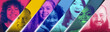 © master1305 - Multicultural people portraits in neon gradient lighting diagonal banner layout. Concept of digital branding, modern advertising visuals, tech platforms promotion and inclusive marketing strategy.