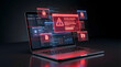 © solom - high resolution 3d rendering of a modern laptop showing a critical system lockdown alert with red glowing warning windows for cyber attack and data encryption concepts