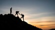 © Sri - Silhouette of team climbing mountain at sunset. Concept of business teamwork, leadership, and collective success through hard work. Powerful metaphor for corporate achievement