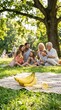 © Yauhen - Fresh bananas on a picnic blanket with a blurred happy family eating in the background. Joyful outdoor gathering promotes healthy snacking and togetherness. Ideal for lifestyle blog or ads.