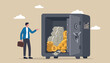 © Nasima - Alternative financial assets, crypto currency bitcoin, cash and gold for investment retirement plan concept, businessman investor standing with security safe with full cash, gold an bitcoin inside