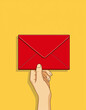 © Aillusionist - Hand Holding Red Envelope Cartoon Illustration on Yellow Background Minimal Mail Concept
