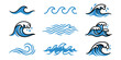 © Lili - Hand-drawn set of blue sea wave icons and symbols. Minimalist illustrations of ocean surf, water ripples, and curling waves for design.