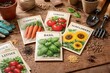 © Татьяна Евдокимова - Assortment of vegetable, herb, and flower seed packets, scattered seeds, and gardening tools are arranged on a wooden surface, preparing for springtime planting and home garden cultivation