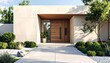 © Vom Baty - Elegant modern house entrance with wooden front door and surrounding greenery, highlighted by natural light and shadows. Ideal for real estate, architecture, and exterior design concepts