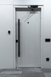 © Viktor Brazhnikow - Modern minimalist entrance door with smart access control panel and automatic door closer, white interior design with black handle, contemporary security and architecture concept