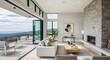 © Image_creation - Modern living room with panoramic mountain views and cozy fireplace