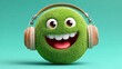 © Nataliia_Trushchenko - Green fluffy character with a big smile wearing headphones against a solid turquoise background, showcasing a playful and vibrant design for music-related themes