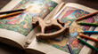 © Pei - Children's Book Day closeup open storybook wooden rocking horse toy colored pencils bookmarks reading celebration artistic warm educational literature background