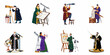 © Arto - Set of illustrations depicting vintage astronomers and astrologers observing the night sky with telescopes, globes, and celestial maps on a white background.