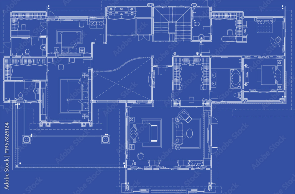 Second Floor Architectural Blueprint of Large Residential House with ...